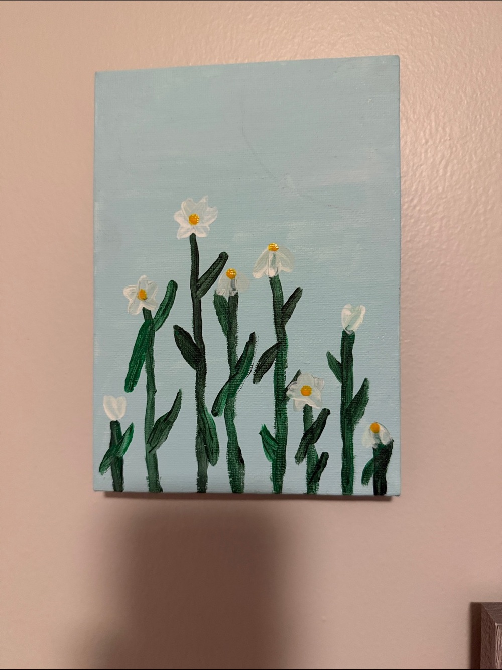 Hand-Painted White Floral Canvas Art on Blue Background